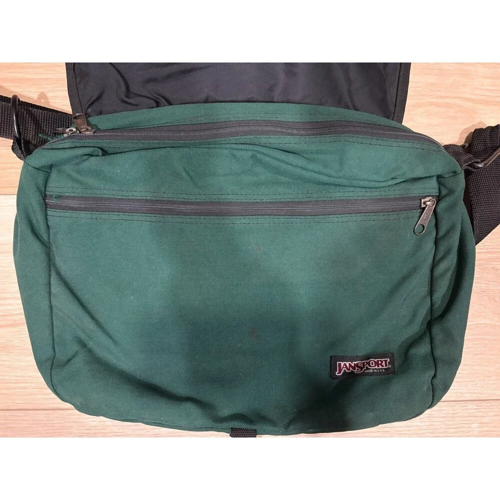 Jansport Messenger Bag Cross Body Floral Leather Green Made in USA 2 Pocket